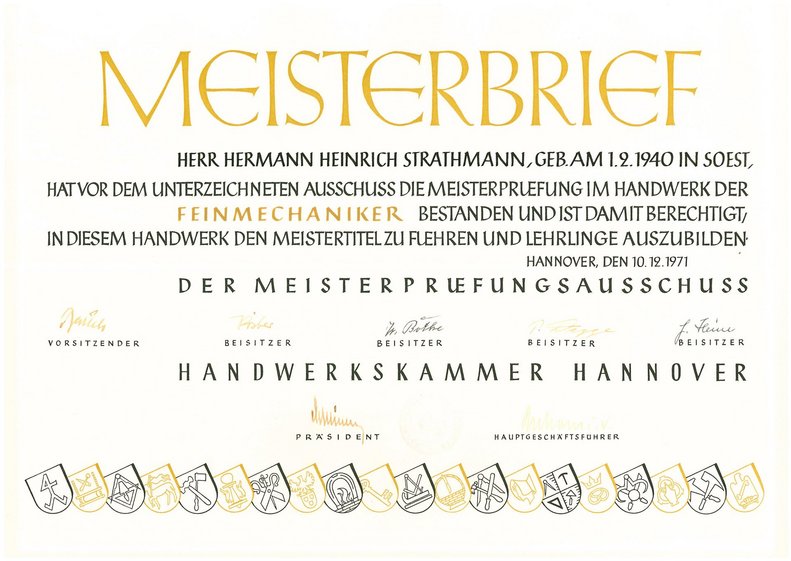 Master craftsman's certificate Hermann Strathmann