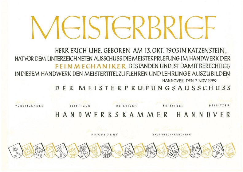 Master craftsman's certificate Erich Uhe